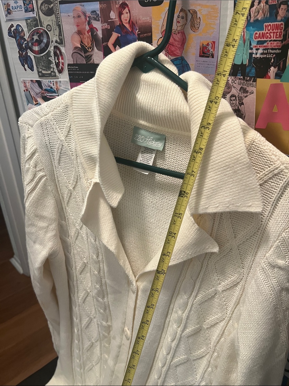 #3220*”15-20-42”Cozy Cream Cable-Front Long Cardigan with Fold-Over Collar - Picture 6 of 17